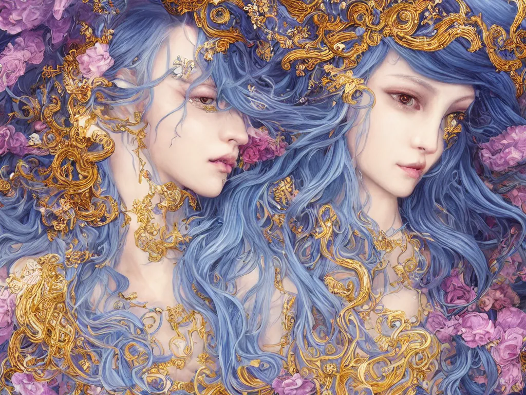 Image similar to breathtaking detailed painting of a full shot knight queen with long flowing bright blue hair, pastel flowers petals and golden tumultuous clouds, art by pilyeon and yuumei art, symmetrical facial features, at dawn in front of a pristine golden art nouveau cathedral, elegant, volumetric lighting, highly detailed, artstation, concept art, matte, sharp focus,