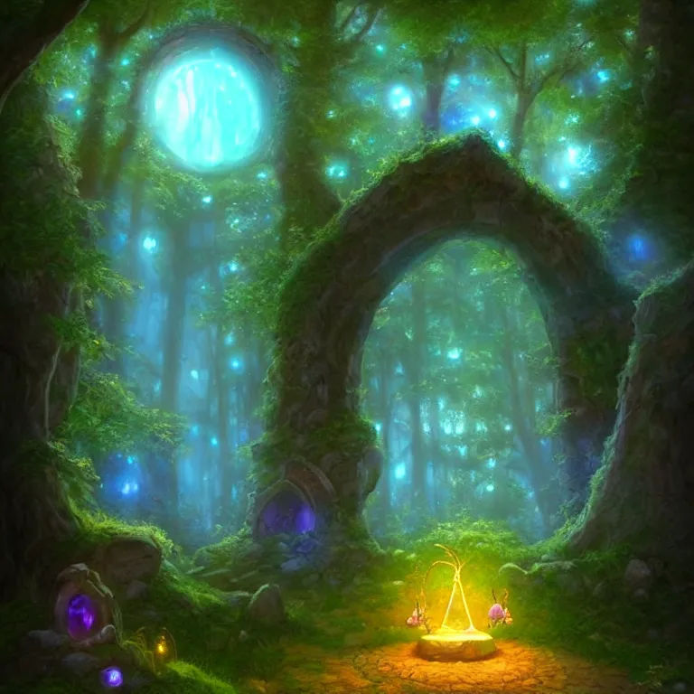 Prompt: Fantasy Magical fairy-tale glowing stone portal in the forest. Round stone portal teleport in trees to other worlds. Fantastic landscape. Magic Altar in the fores, highly detailed, digital painting, artstation