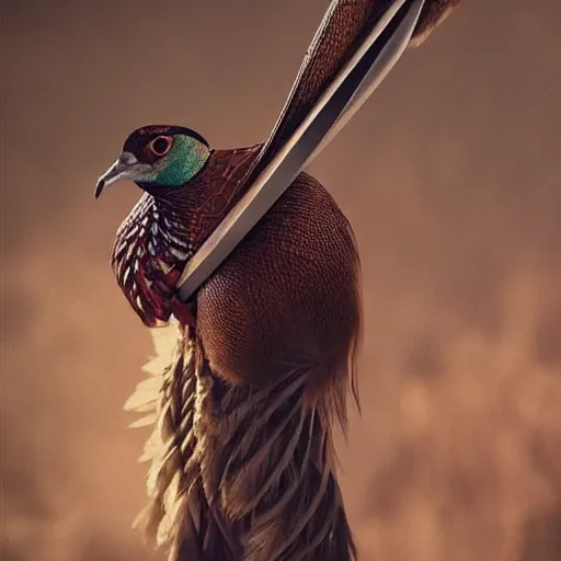 Image similar to Pheasant holding a sword, by lily seika jones Instagram, rivuletpaper art, top cinematic lighting, cinematic mood, very detailed, shot in canon, 8k, high