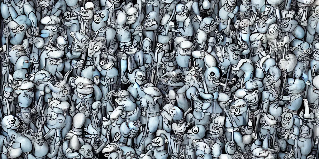 Prompt: a high detailed pencil drawing of long boned smurfs and color