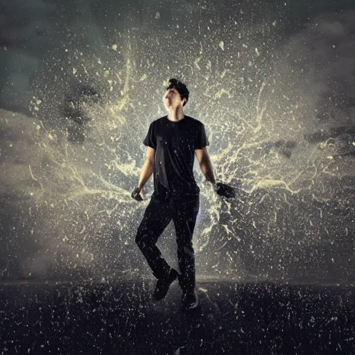 Image similar to man hitting the ground creating a explosion, anime, album cover, rain