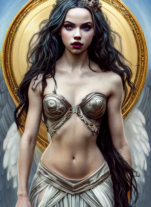 Image similar to ultra realistic illustration, a stunningly beautiful greek gothic goddess of chaos played by jordyn jones and dove cameron and margot robbie and taylor swift and megan fox and adriana lima, intricate, elegant, highly detailed, digital painting, artstation, concept art, smooth, sharp focus, illustration, art by artgerm and greg rutkowski and alphonse mucha