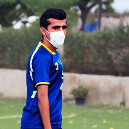 Prompt: kurdish eastern soccer player with face mask