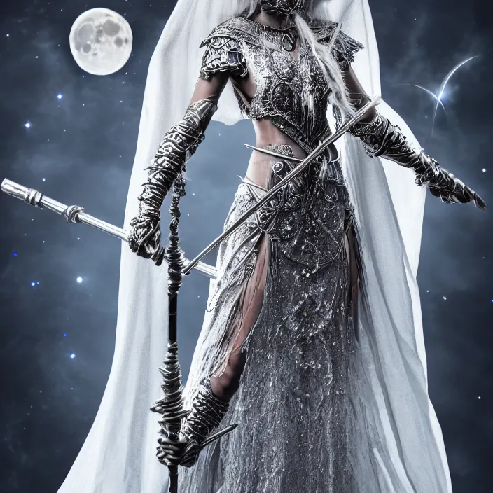 Image similar to photograph of a real-life beautiful lunar witch with intricate silver robes and staff. Extremely detailed. 8k