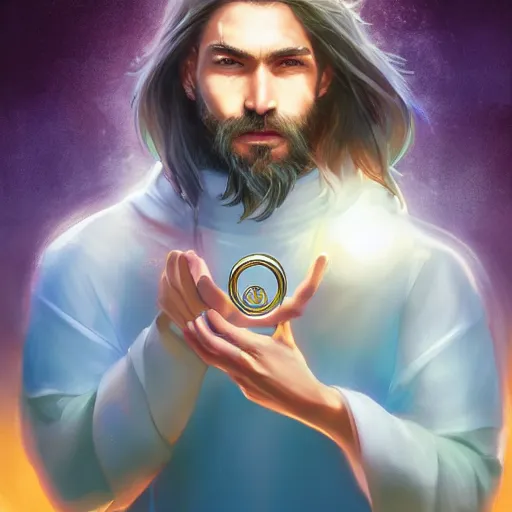 Prompt: semi realistic Sonic Jesus christ holding a shiny Sacred Ring, by Stanley Artgerm Lau, WLOP, Rossdraws, James Jean, Andrei Riabovitchev, Marc Simonetti, Yoshitaka Amano, ArtStation, CGSociety,