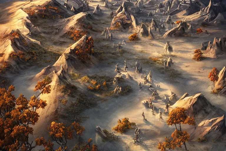 Image similar to high aerial shot, fantasy landscape, sunset lighting ominous shadows, cinematic fantasy painting, dungeons and dragons, barren dry land, desert valley of bones, sand dunes, cracked mud, dry river bed, rock outcroppings, autumn maple bonsai, by jessica rossier and brian froud and hr giger