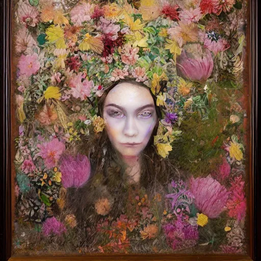 Prompt: portrait of a beautiful woman corpse covered in flowers in the middle of a Forest, ray gods, oil paint,