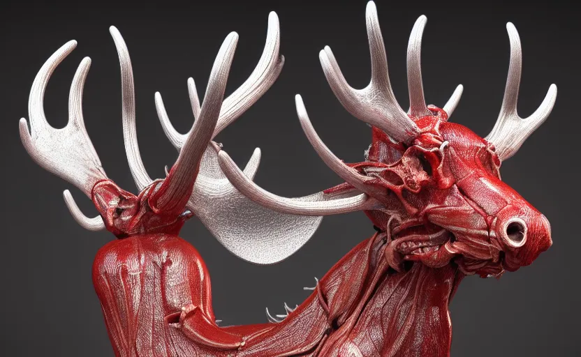 Prompt: stylized shiny polished silver statue full body bizarre extra limbs cosmic horror quadruped animal moose deer skull four legs made of marble of slug worm creature tendrils perfect symmetrical body perfect symmetrical face hyper realistic hyper detailed by johannen voss by michelangelo octane render blender 8 k displayed in pure white studio room anatomical deep red arteries veins flesh hell
