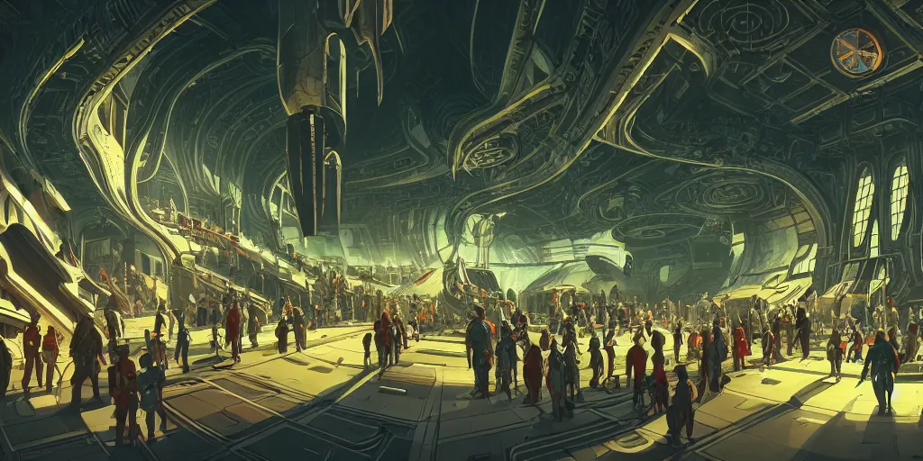Image similar to cel shaded cinematic shot of the interior of a sci-fi space station with ornate Elven architecture bustling with people, cars, epic castle, emerald, crystalline, detailed illustration, sharp focus, concept art