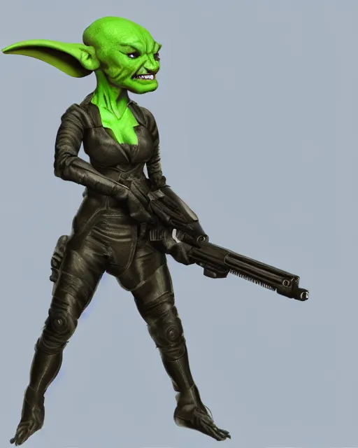 Image similar to futuristic goblin girl holding a laser rifle, sci fi, photorealistic concept art, full body shot, green skin