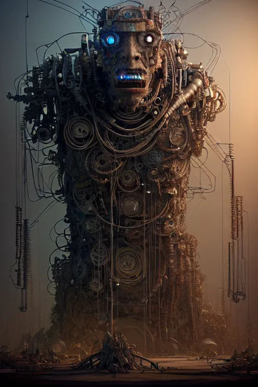 Image similar to A photorealistic 3d render of a robot monster cyborg made of circuits wide view shot by ellen jewett , tomasz alen kopera and Justin Gerard symmetrical features, ominous, magical realism, texture, intricate, ornate, royally decorated, android format, windows, many doors, roofs, complete house , whirling smoke, embers, red adornments, red torn fabric, radiant colors, fantasy, trending on artstation, volumetric lighting, micro details, 3d sculpture, ray tracing, 8k