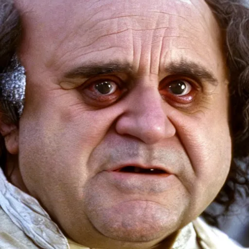 Image similar to the lord of the ring stills face closeup Frodo Baggins played by Danny DeVito directed by peter jackson