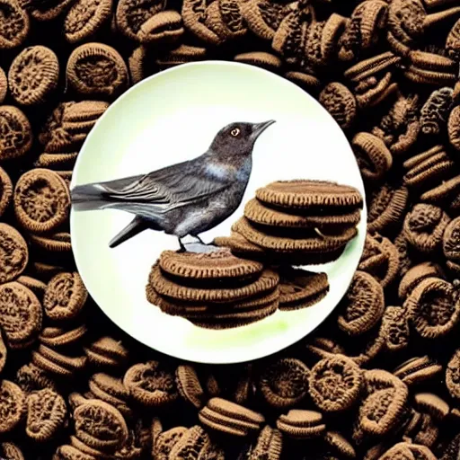 Image similar to a bird eating a plate full of oreos, realism, cinematic, hyper detailed masterpiece, ethereal, post apocalyptic