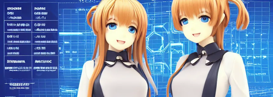 Image similar to pattern of anthropomorphic social 3 d anime girls accompanying artificial intelligence blueprint