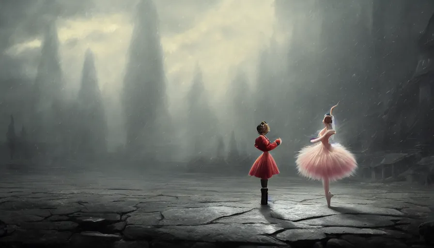 Image similar to the nutcracker and the ballerina, detailed oil painting, cinematic shot, hyperrealistic, breathtaking, volumetric lighting, cinematic lighting, dynamic, Studio Ghibli, digital art, octane render, epic composition, trending on artstation, masterpiece, dark souls vibe, dark atmosphere