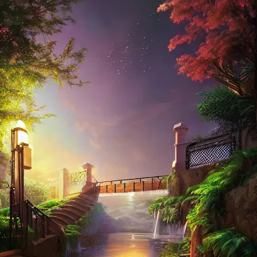 Image similar to walkway waterfall skies rich hyper realism 8 k octane render sacred by evgeny lushpin, moebius, john stephens, rhads, arthur adams