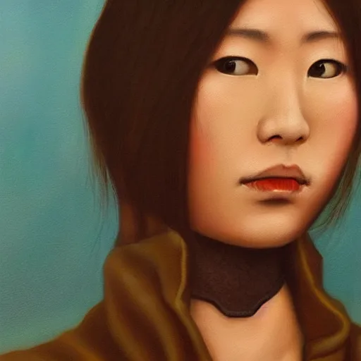 Image similar to perfect, realistic oil painting of close-up japanese young woman wearing leather jacket, in Dune Arrakis