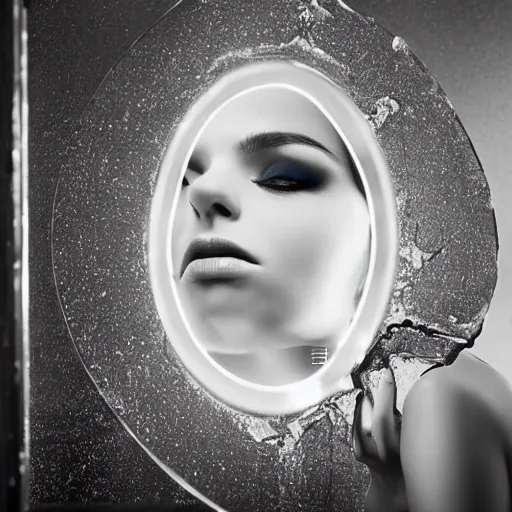 Prompt: a beautiful woman sitting at a vanity in front of a cracked mirror, beautiful face, fashion photography, elegant furniture, cracked mirror, cracks