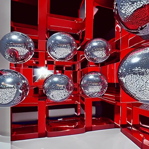 Prompt: chrome spheres on a red cube by gian paolo dulbecco