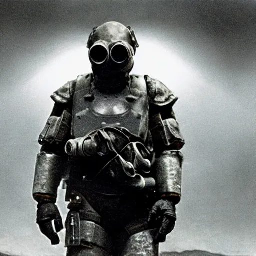 Prompt: a heavily armored man wearing a gasmask, walking through a land made of flesh and eyes, surreal, film still, directed by Phil Tippett, arriflex