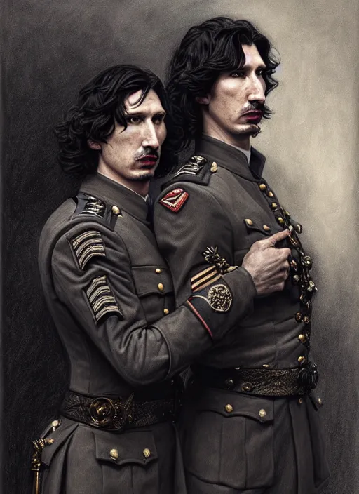 Prompt: a portrait of john oliver and adam driver posing together, stoic, military uniform, fantasy, intricate, elegant, beautiful, highly detailed, charcoal, centered, dark, smokey, digital painting, artstation, concept art, smooth, sharp focus, illustration, art by artgerm and greg rutkowski and alphonse mucha