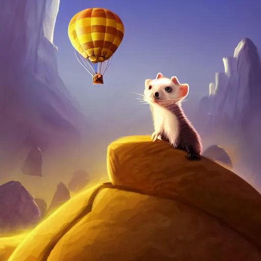 Prompt: a ferret standing on top of a rock in front of a hot air balloon, a digital painting by andrei kolkoutine, deviantart contest winner, fantasy art, storybook illustration, 2 d game art, digital illustration