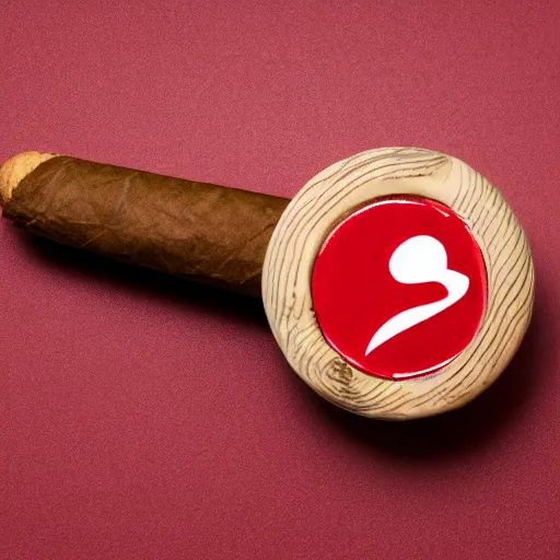 Image similar to cigar with smoke wafting up from it on a red background, logo