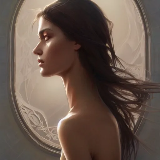 Image similar to Australian Supermodel, olive skin, long dark hair, beautiful bone structure, intricate, elegant, highly detailed, digital painting, artstation, concept art, smooth, sharp focus, illustration, art by artgerm and greg rutkowski and alphonse mucha