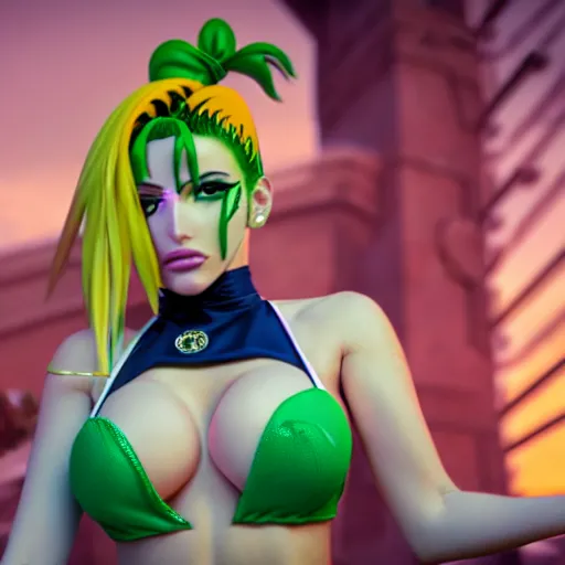 Prompt: cinematic scene with bella thorne as jolyne from jojo's bizarre adventure, stone ocean, dramatic, small details, volumetric lighting, still frame