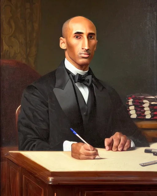 Image similar to facial portrait of the united states president, an ugly 7 8 year old kobe bryant, resolute desk, 1 8 4 8, oil on canvas by william sidney mount, trending on artstation, national archives