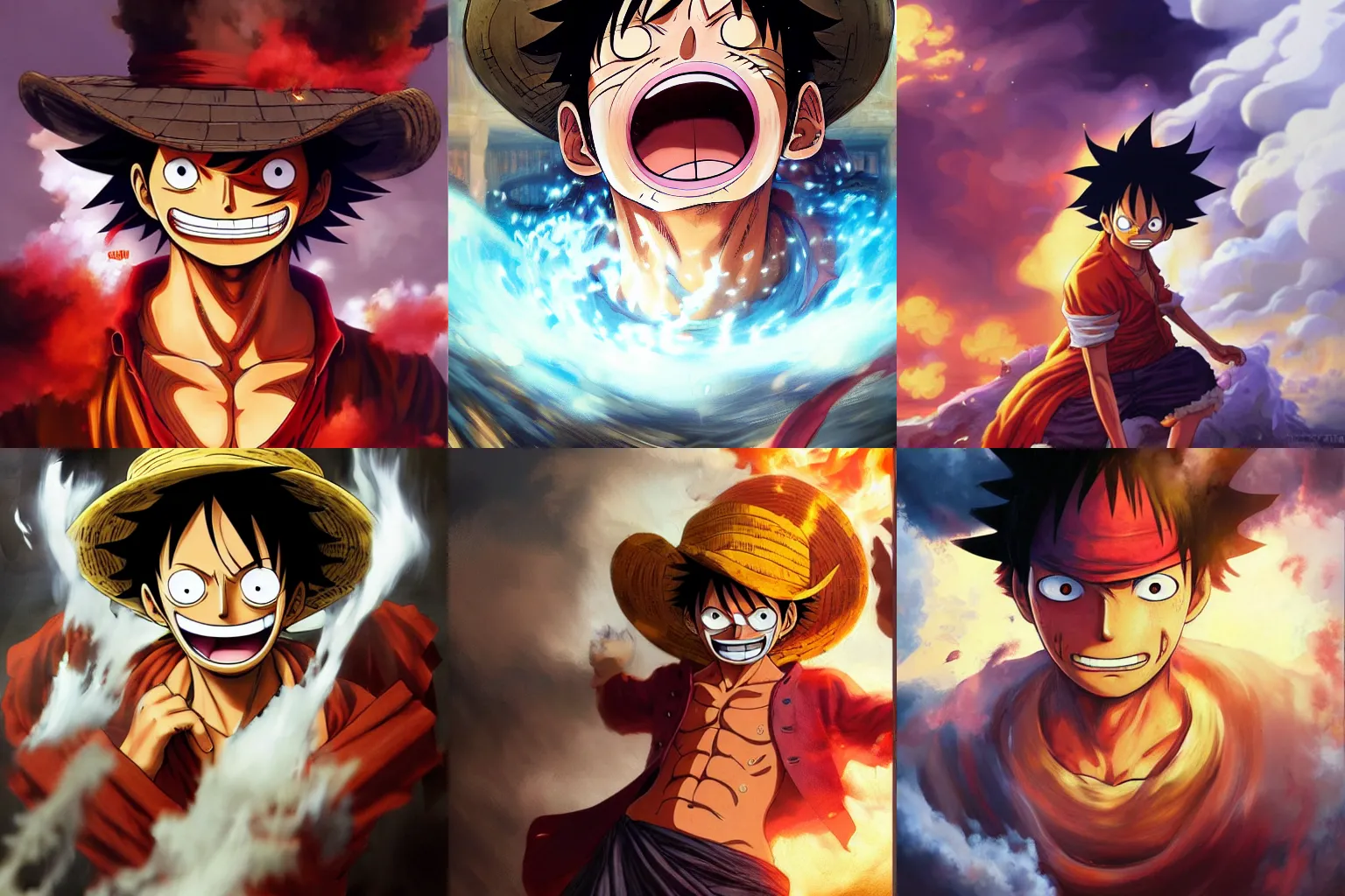 Prompt: Luffy (one piece anime) surrounded by steam emanating off of his body, oil painting, Tooth Wu, Greg Rutkowski, RPG portrait, dynamic lighting, anime art