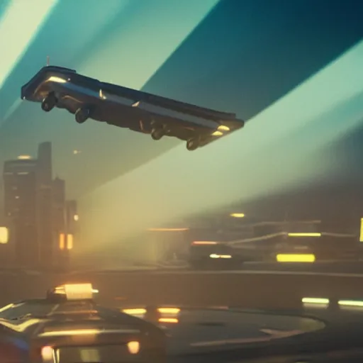 Image similar to flying car in cityscape, blade runner 2049, shallow depth of field medium shot, award winning, gritty, god rays