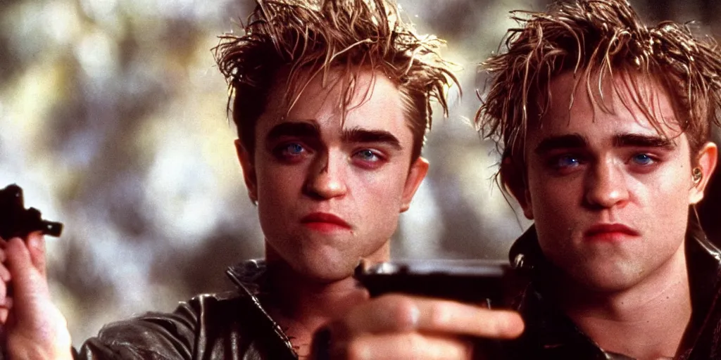 Image similar to a film still of Robert Pattison in Lost Boys, high quality