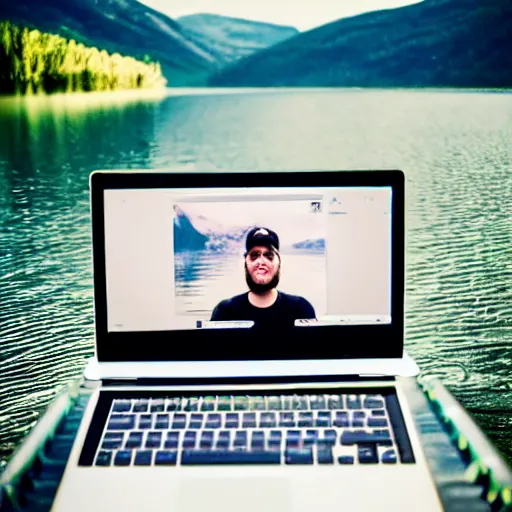 Image similar to a photo of a guy named lake on discord on his computer on the side of the lake