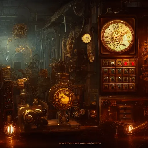 Image similar to steampunk gaming computer, powerful, dramatic lighting, intricate, wild, highly detailed, digital painting, cinematic, artstation, concept art, sharp edges and focus, illustration, design