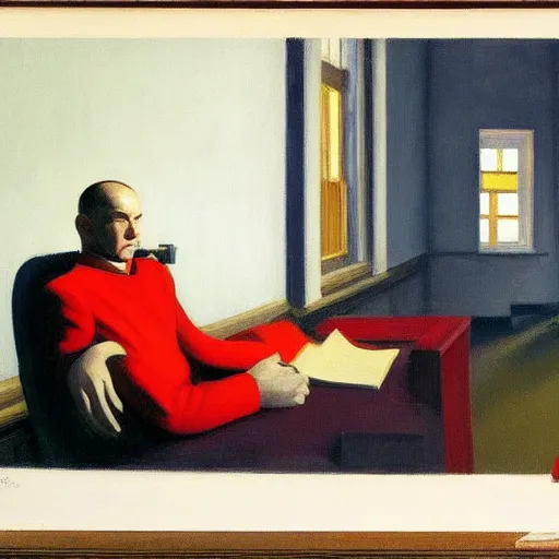 Image similar to A detailed painting by Edward Hopper of a KGB agent sitting in a sunlit room of a soviet blockhouse