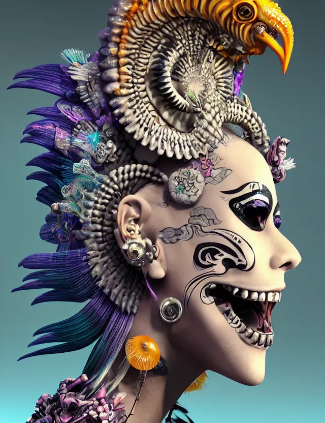 Image similar to 3 d goddess close - up profile portrait punk with mohawk with ram skull. beautiful intricately detailed japanese crow kitsune mask and clasical japanese kimono. betta fish, jellyfish phoenix, bio luminescent, plasma, ice, water, wind, creature, artwork by tooth wu and wlop and beeple and greg rutkowski