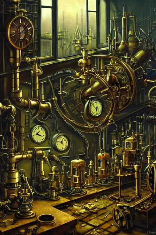 Prompt: classic oil painting, dangerous steampunk valve machines with clocks, as a dnd cover illustration, inside of an abandoned lab, ominous, concept art, extremely detailed, smooth, sharp focus, art by brothers hildebrandt colorful