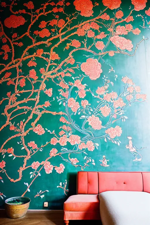 Prompt: Chinoiserie floral wall by James Jean, victo ngai, James Gilleard