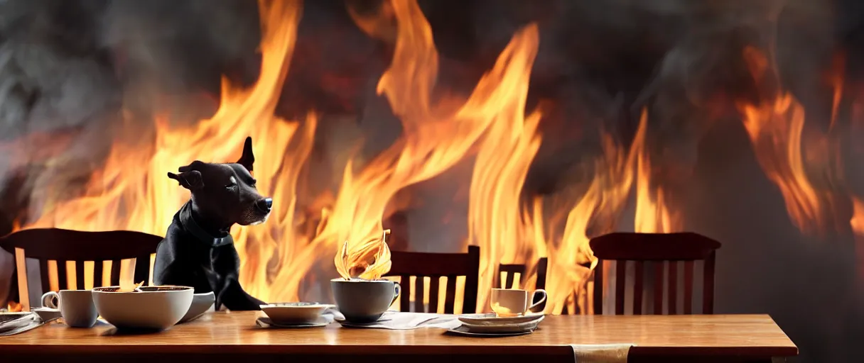 Image similar to a photograph (flash on) of a relaxed anthropomorphic dog sitting on a chair at a dinner table (no fire at all there), surrounded by flames, cup of coffee on the table, huge fire on this dining room in the background, a lot of flames behind the dog, black smoke instead of the ceiling, no watermark