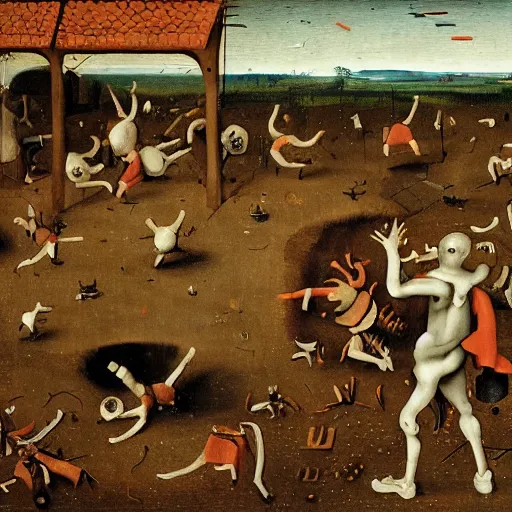 Image similar to a frustrated computer programmer surrounded by parts and dancing skeletons, by bruegel