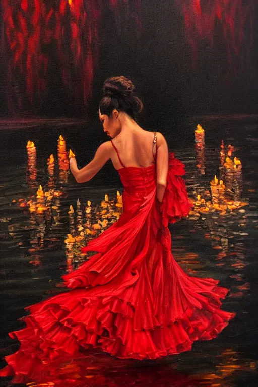 Prompt: detailed oil painting of spanish flamenco dancer walking into a lake wearing a red dress made of flowers that's engulfed in flames, dimly lit by candles on the ground, looking away, dark shadows, ethereal, slr, 4 k, high definition