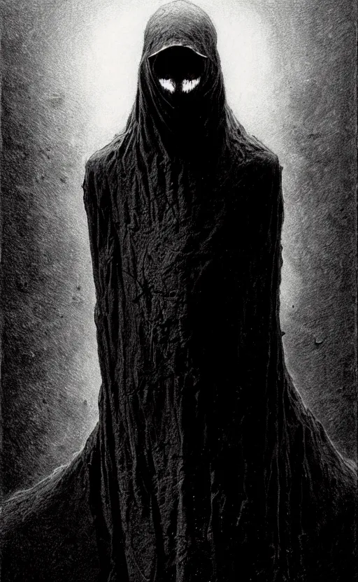 Prompt: a striking full body portrait of a pitch black masked eldritch shaman by moebius and beksinski and artgerm, detailed artwork, realism, 4 k resolution, detailed, high quality, sharp focus, hq artwork, insane detail, volumetric lighting, character concept art, fine details, tarot card, clear subject