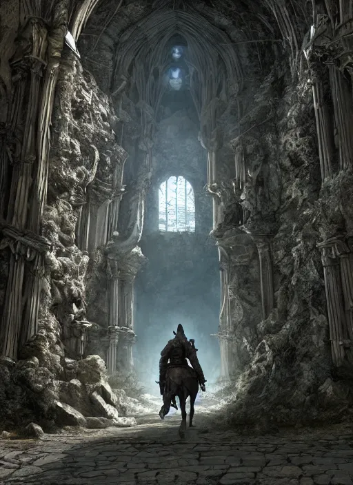 Image similar to a medieval adventurer in lord of the rings scenery landscape, inside an enormous overgrown cathedral made of stone dragons, portal to another dimension in the sky, highly detailed, cinematic lighting, perfect composition, 4 k, gustave dore, derek zabrocki, greg rutkowski, belsinski, octane render
