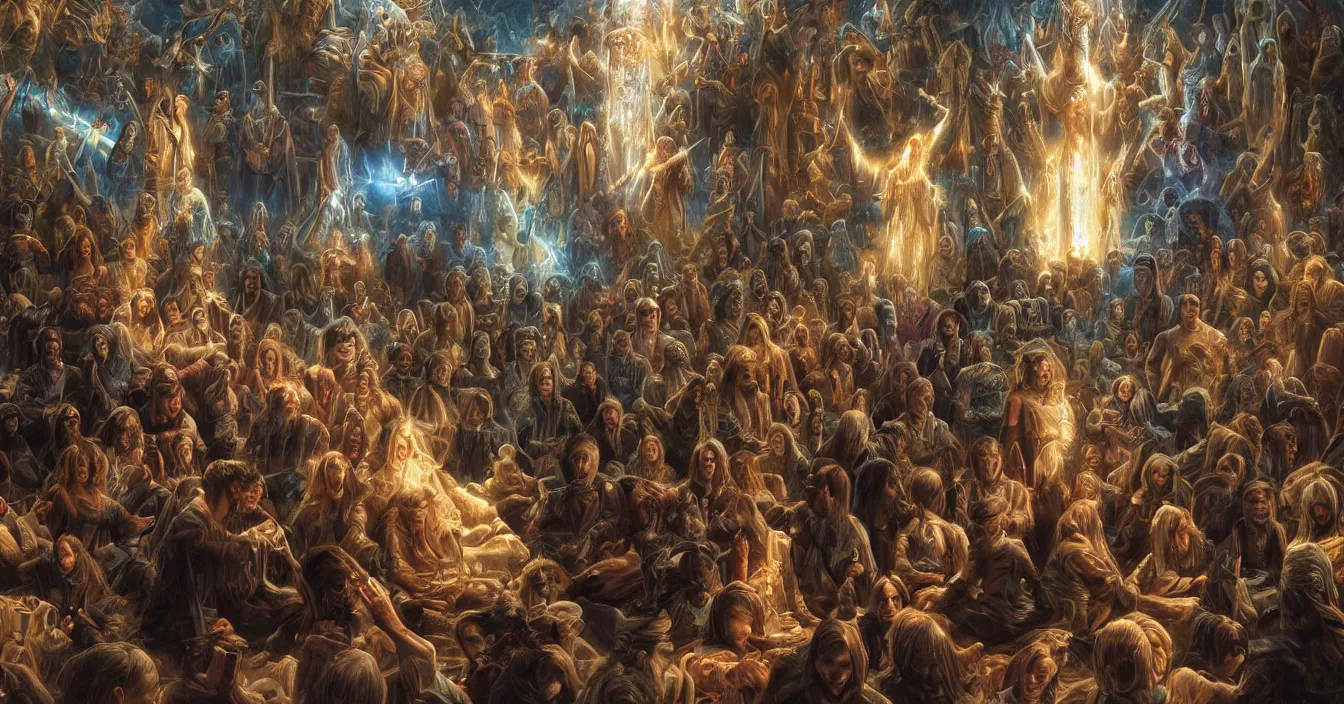 Prompt: human souls sit in the cinema and watch volumetric light of consciousness projecting their lives on the big screen, realistic, deep sense of spirituality, visual plasticity, unreal engine quality, raytracing, vray shading, style of donato giancola