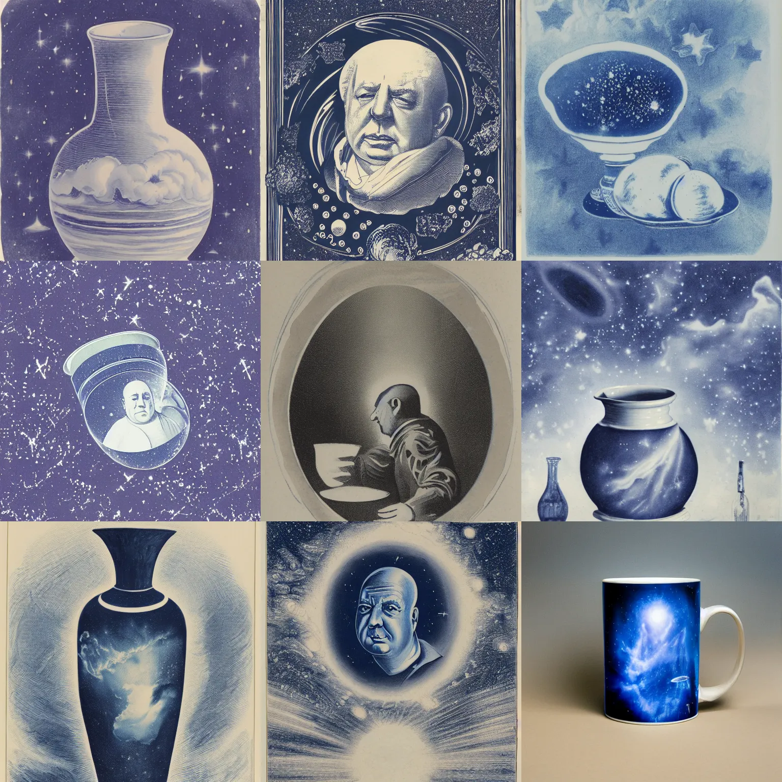 Prompt: blue and white clean star nebulae illustration with alfred hitchcock gazing into the far distance, etched unto a porcelain jug