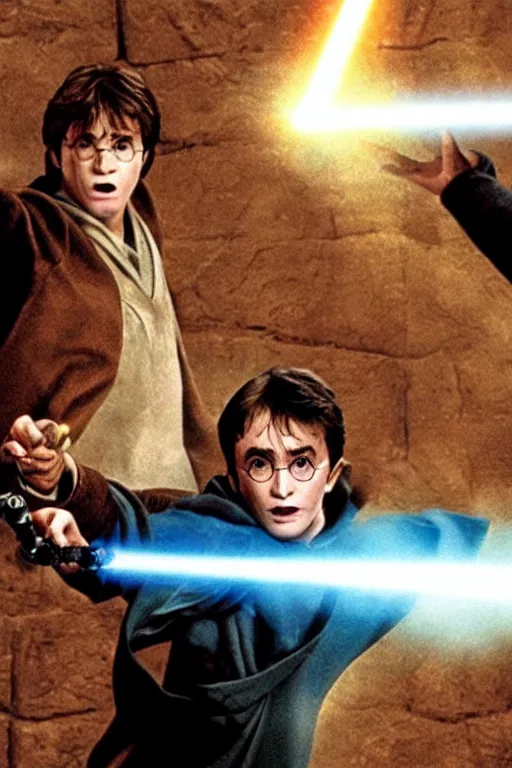 Prompt: Harry Potter fighting Voldermort with a lightsaber, Still from Star Wars,