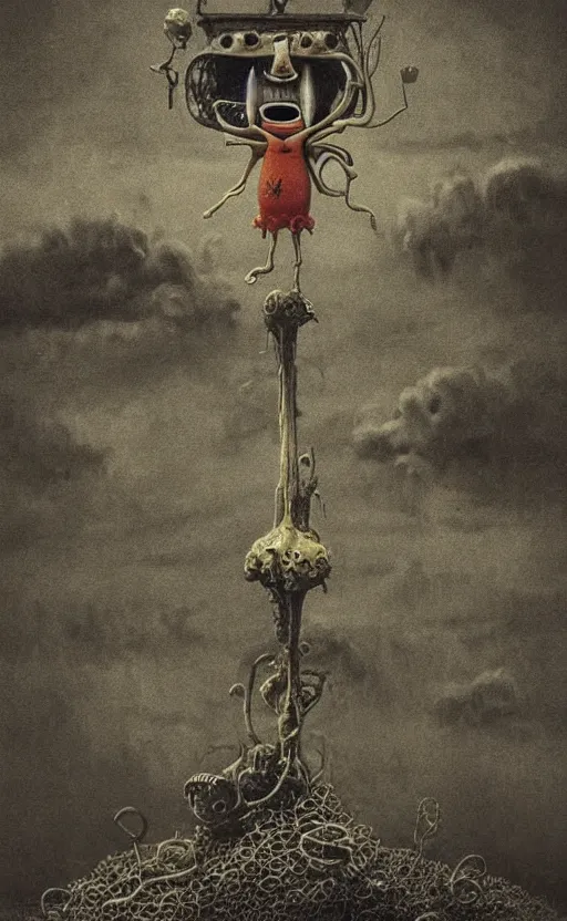 Image similar to spongebob squarepants in style of zdzisław beksinski, standing in wasteland, horror art, creepy, desolate, spongebob, spongebob, spongebob, spongebob