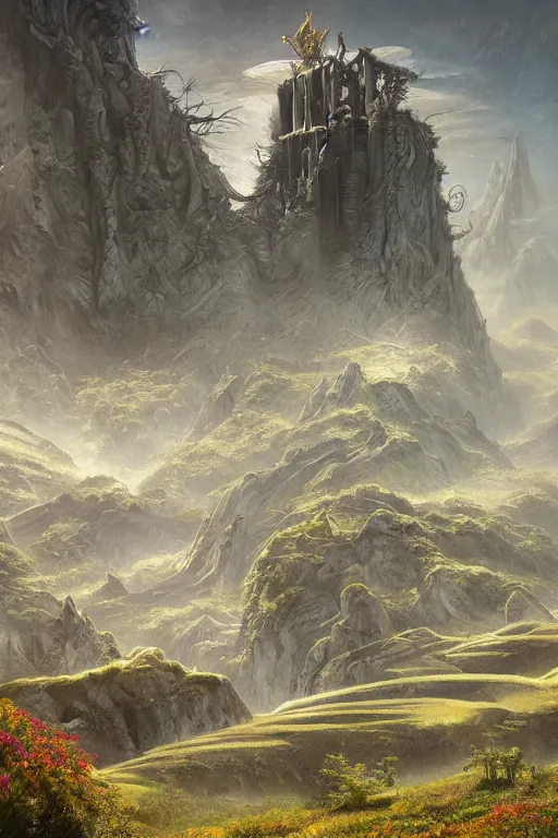 Prompt: amazing concept painting, by Jessica Rossier and HR giger and Beksinski, A gleaming white opera hall fortress overlooks a fertile valley, brutalist deak ferrand Jean-pierre Ugarte bases, an art nouveau Rivendell Himeji fortress, terraces, hallucination, garden of eden