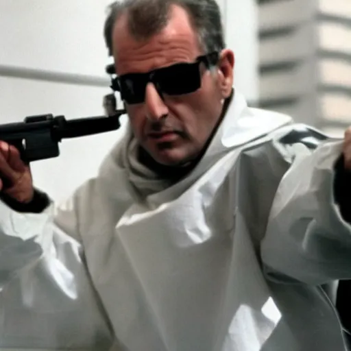 Prompt: a man wearing a hazmat suit, holding a gun, in a bank, directed by michael mann